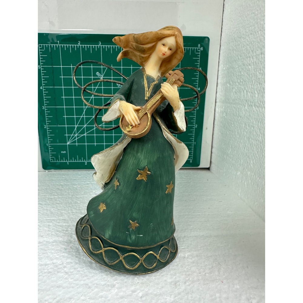 Green Polystone Angel Figurine with Lute Musical Instrument Home Decor Statue